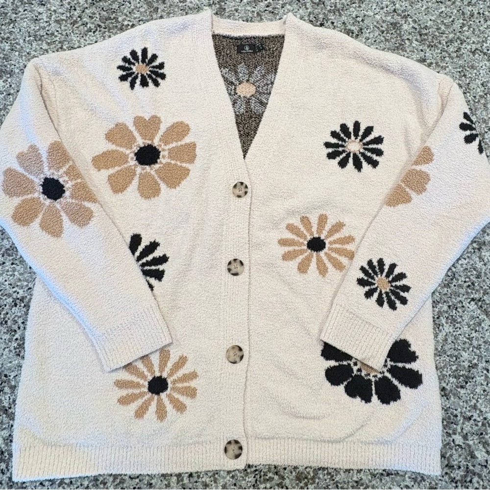 Volcom Cream Cardigan Sweater with Black and Tan Floral Pattern